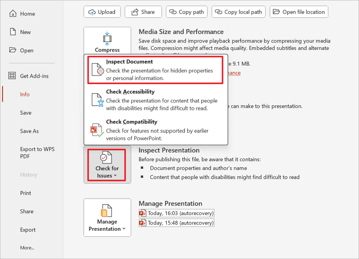 inspect document in ppt