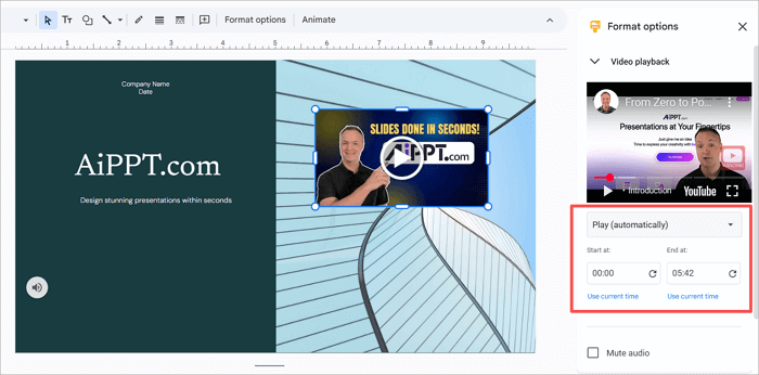 adjust youtube audio in google slides
