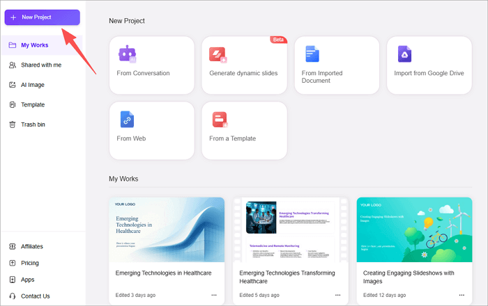 start new project of pitch deck