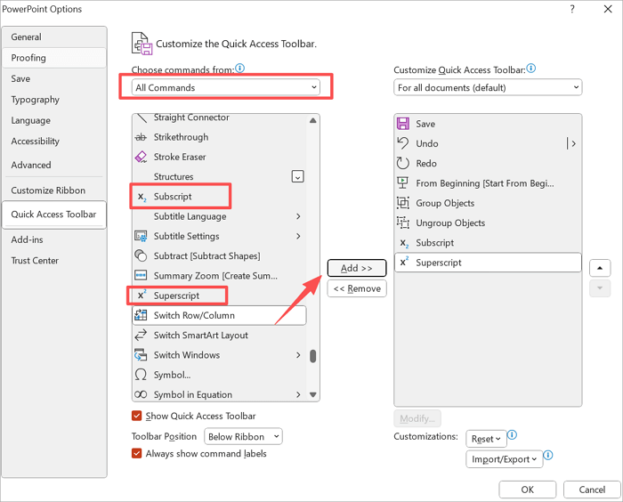 add subscript and superscript in toolbar