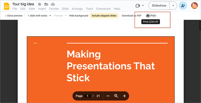 choose print option in google slides
