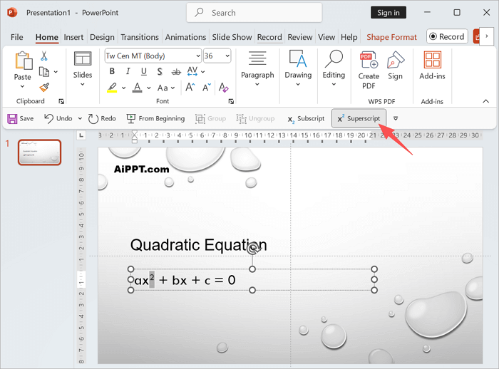 choose superscript in toolbar