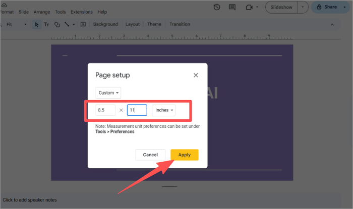 custom page size and apply google slides