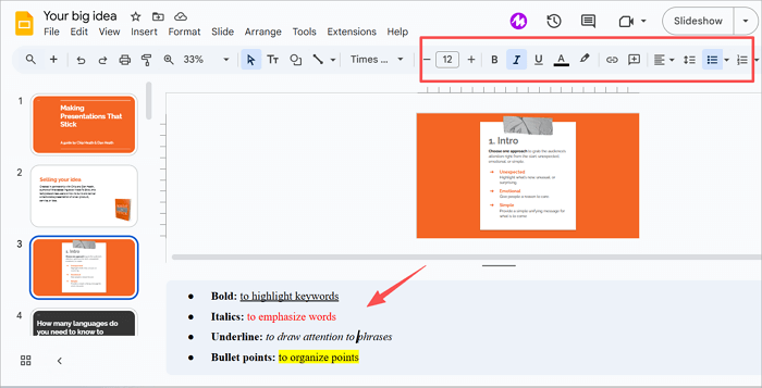 edit and format speaker notes
