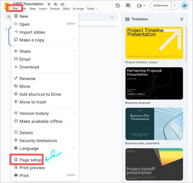 google slides page setup on phone