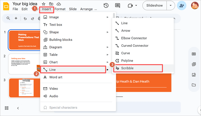 insert lines into google slides