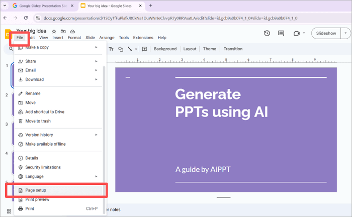 page setup in google slides