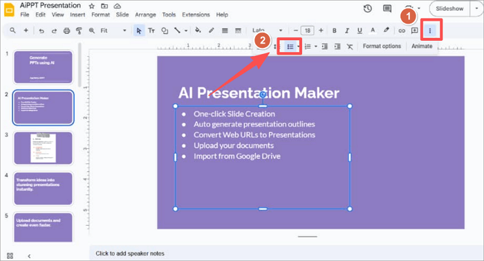 put bullet points in google slides
