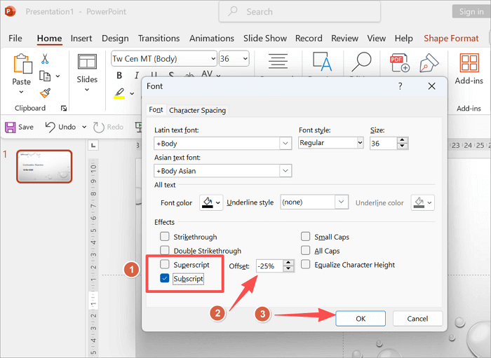 use subscript in powerpoint
