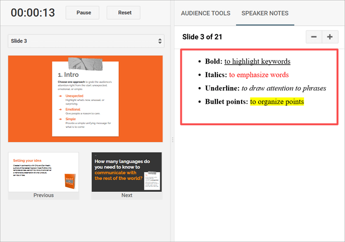 view google slides speaker note