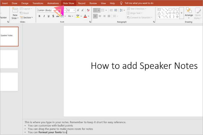 view notes in slideshow tab