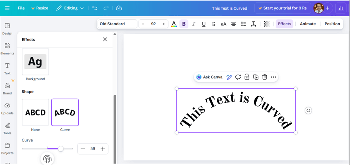 2 select curved text effect
