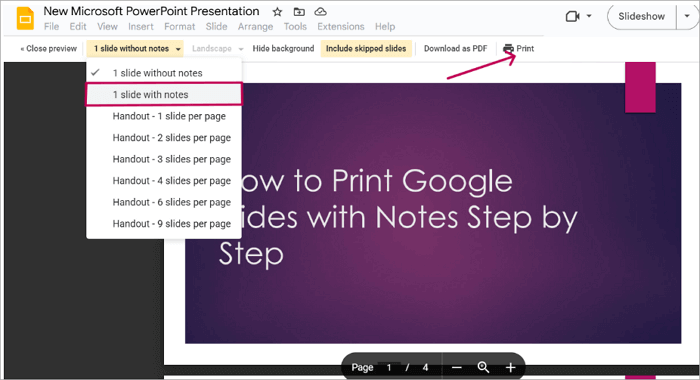 print one slide with notes