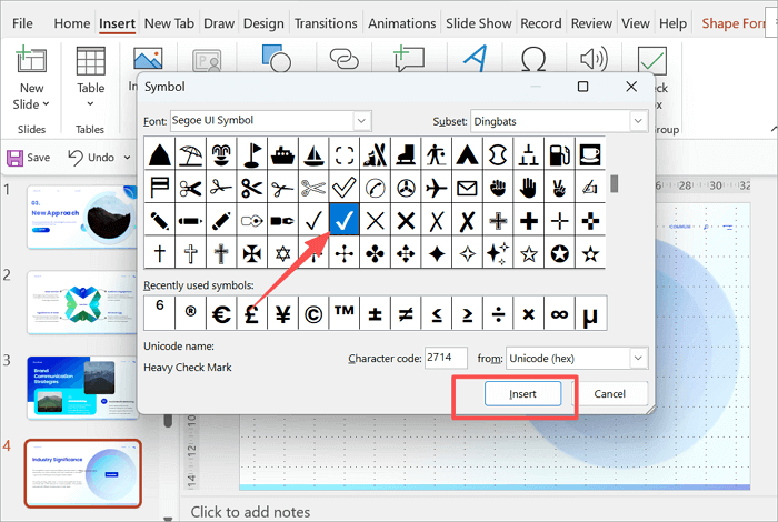 3 find checkmark and insert
