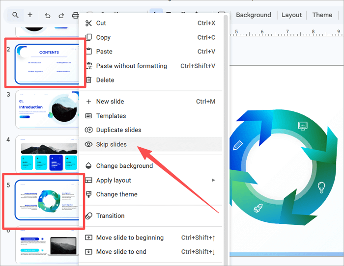 select and hide slides