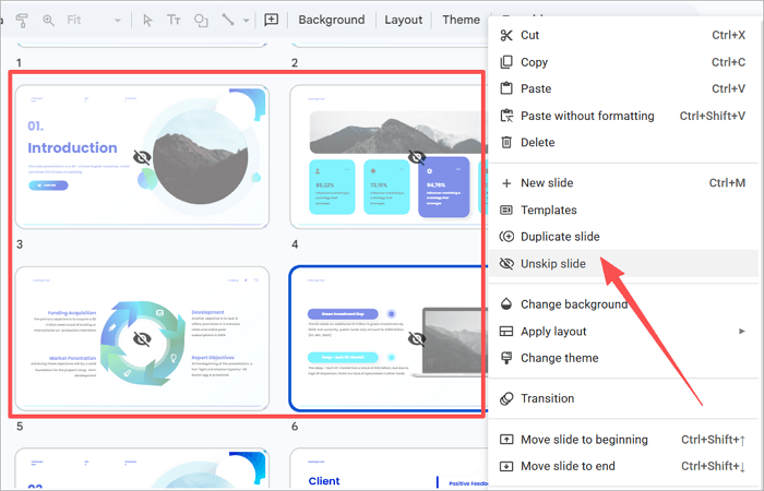 unhide slides in grid view