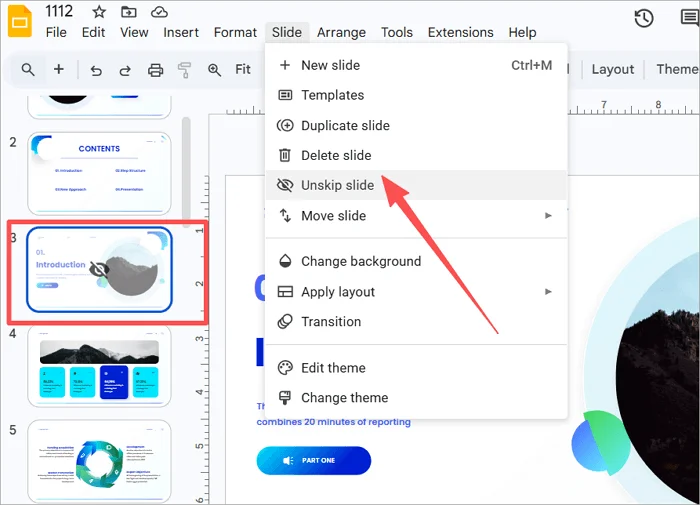 unhide slides using toolbar