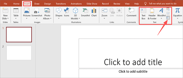 go to insert object from the text group