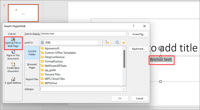 select hyperlink choose existing file or web page