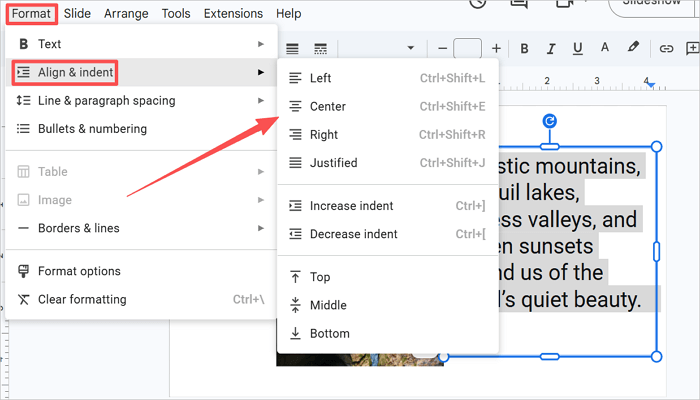 go to format align choose option