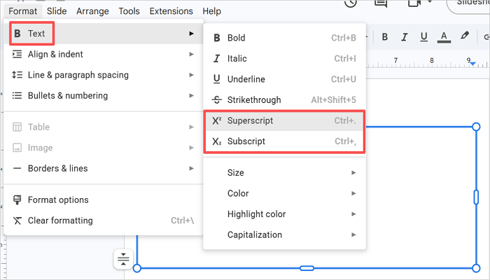 hover text select superscript or subscript