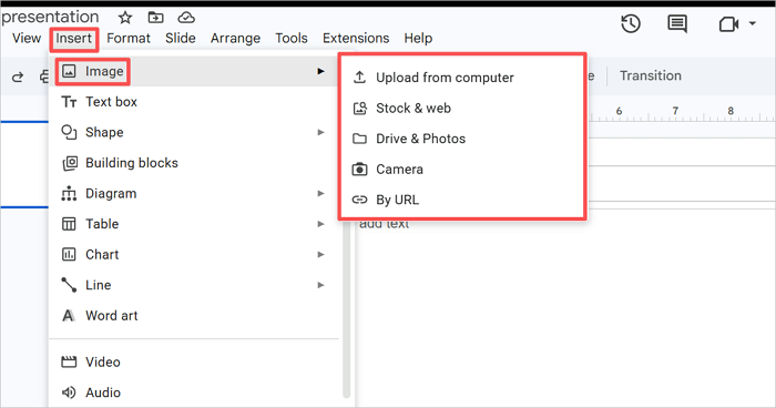 insert image and select upload option