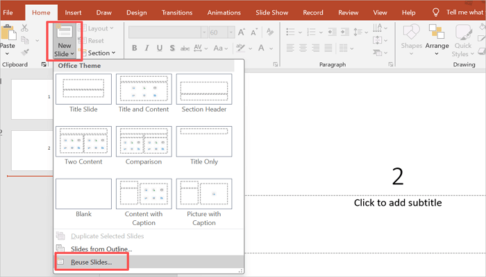select reuse slides from home tab