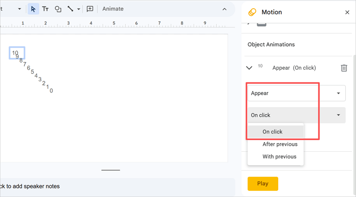 set appear on click add animations after previous