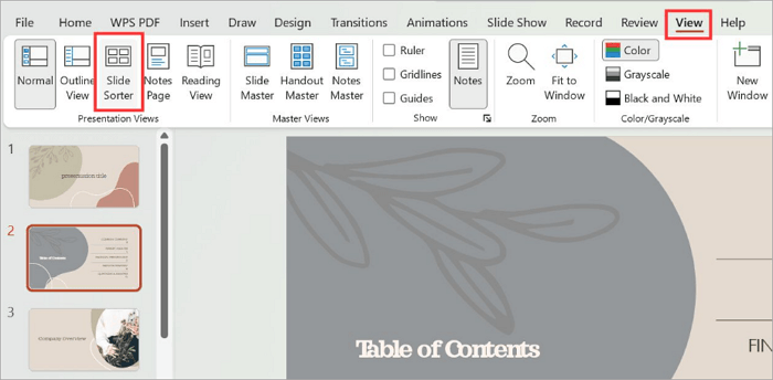 1 view slide sorter